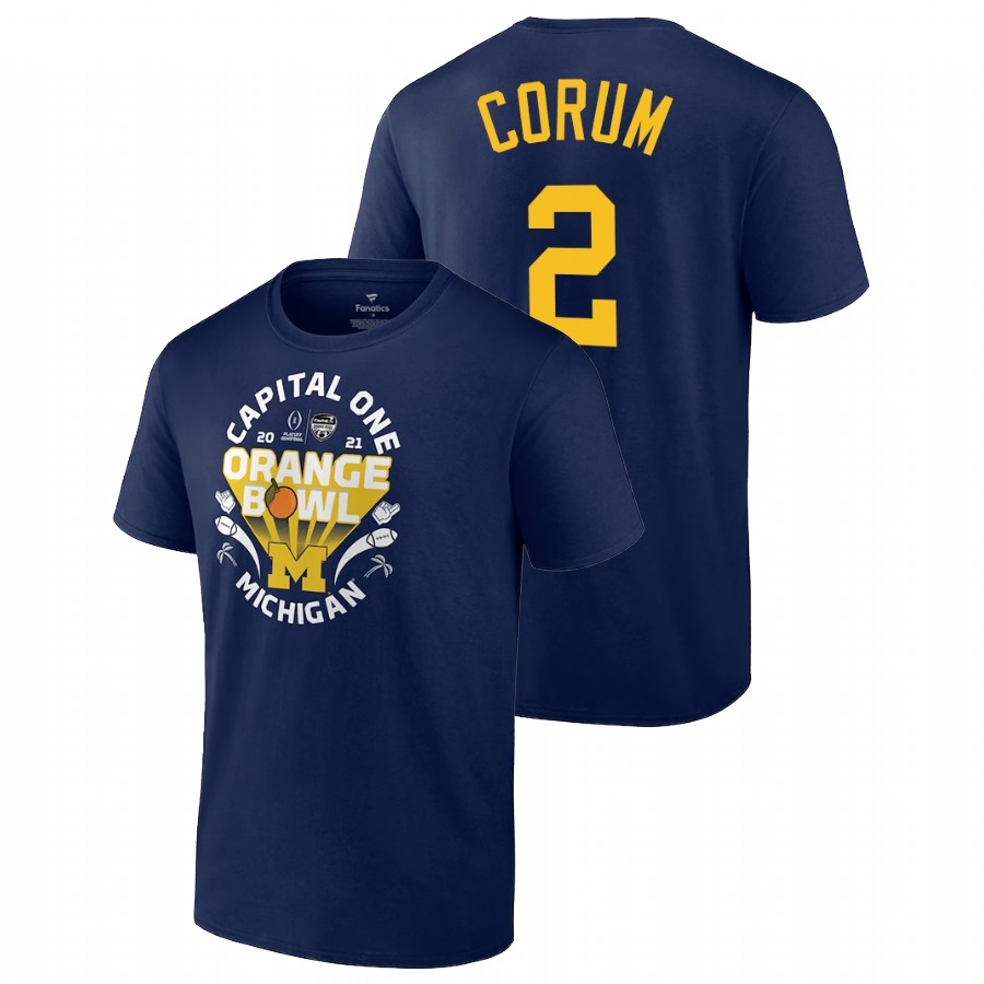 Michigan Wolverines Men's NCAA Blake Corum #2 Navy 2021 Orange Bowl CFP College Football T-Shirt SQJ5849LR